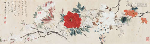 王师子（1885～1950） 花卉 镜框 设色纸本