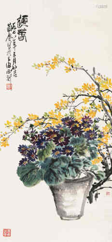 曹简楼（1913～2005） 1987年作 迎春 立轴 设色纸本