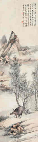 汪琨（1877～1946） 春郊牧牛 立轴 设色纸本