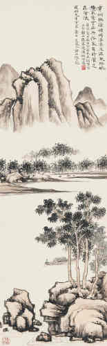 钟山隐（1930～2014） 2000年作 清溪野航图 立轴 设色纸本