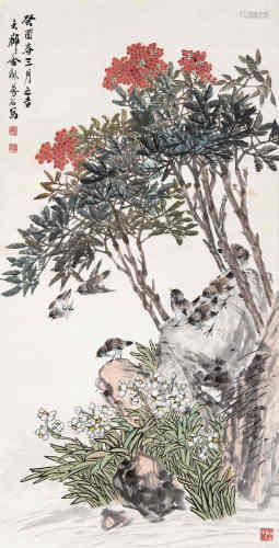 金梦石（1869～1952） 1933年作 天竹水仙 立轴 设色纸本