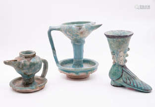 Three Seljuk Dynasty Turquoise Glazed Pottery Item…
