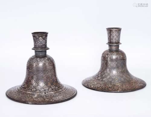 A Pair of Bidri Silver Inlaid Huqqah Bases, India,…