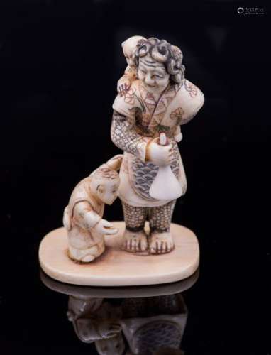 A Polychrome Carved Ivory Figural Group Okimono, L…