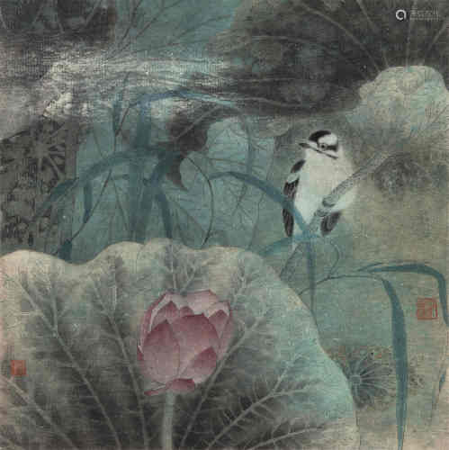 江宏伟（b.1957） 荷花小鸟 镜框 设色纸本