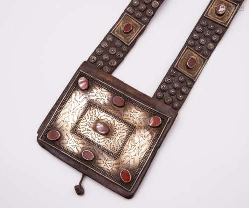 A TEKE Leather Parcel Gilt and Carnelian Amulet Ca…
