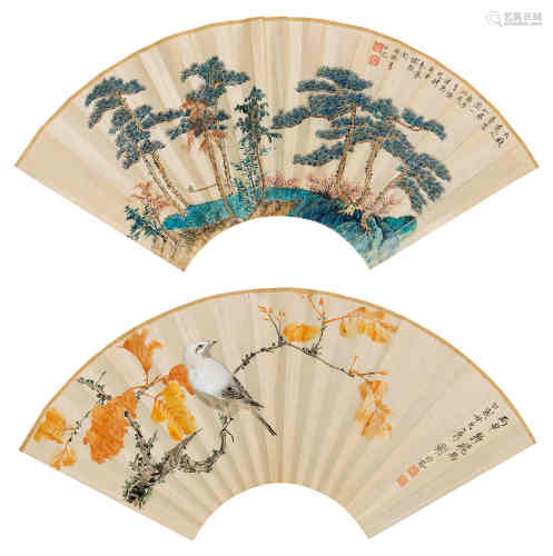谢稚柳（1910～1997） 1956年作 山水 花鸟扇面 镜心 设色纸本