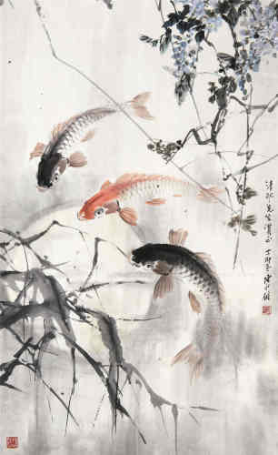 陈永锵（b.1948） 1987年作 藤下鱼游图 立轴 设色纸本