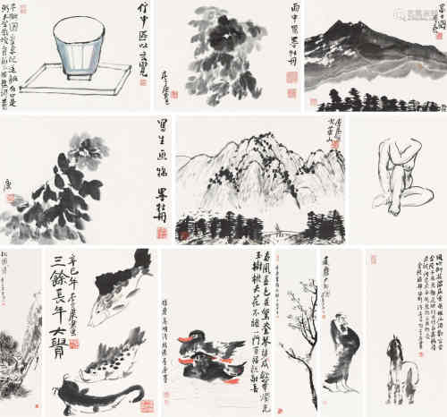 李庚（b.1950） 山水 人物等 （十二帧） 镜心 水墨、设色纸本