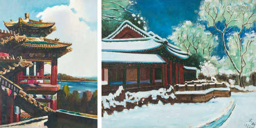 大昕（1904～1998）海涛 雪景 北京亭阁 镜框 布面油画