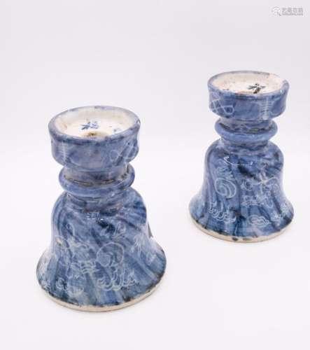 A Pair of Rare Blue and White Porcelain Candlestic…