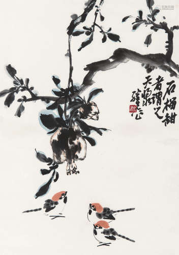 龚继先（b.1939） 石榴麻雀 镜框 设色纸本