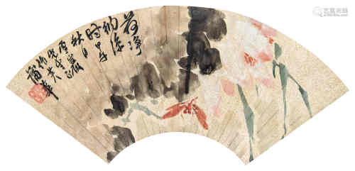 蒲华（1832～1911） 1864年作 红荷蜻蜓 镜框 设色洒金纸本