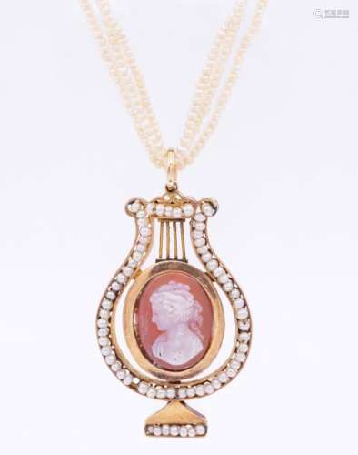 A Magnificent Victorian Gold and Cameo Lyre Pendan…