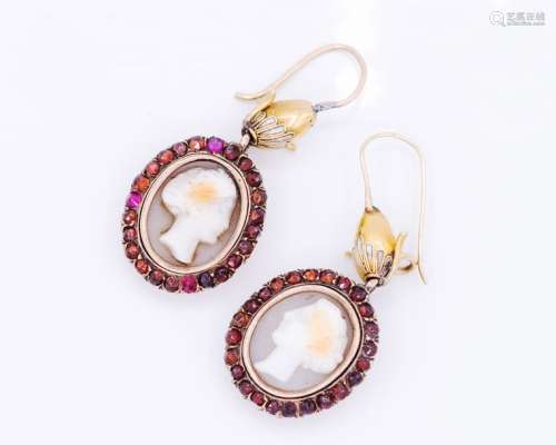 A Pair of Antique 10K Gold Shell Cameo and Garnet …
