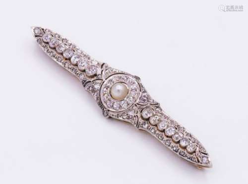 An Art Deco Platinum Gold Diamond and Pearl Brooch