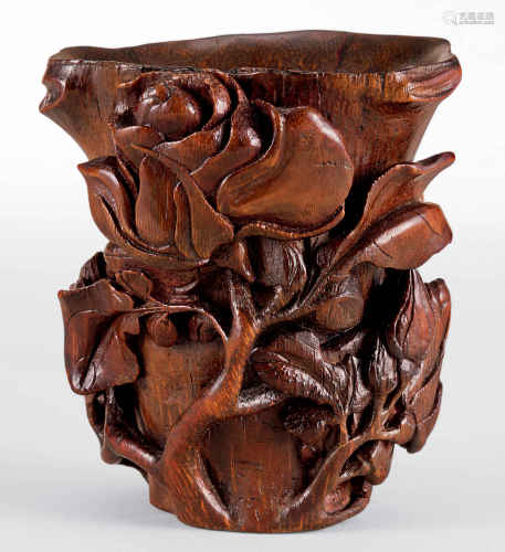 17世纪 竹雕玫瑰花纹杯