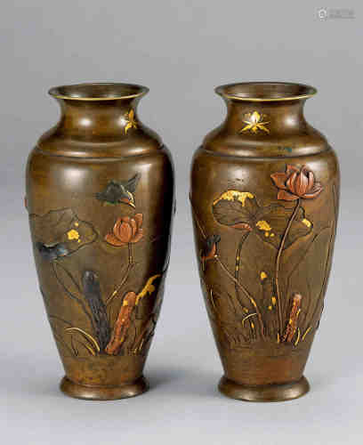 铜制金银镶嵌莲鸟纹花瓶 （一对）