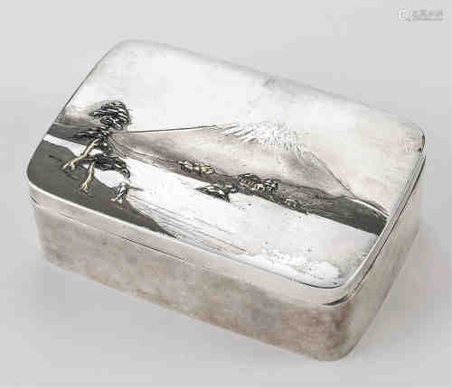 银制金镶嵌富士山风景图小盒