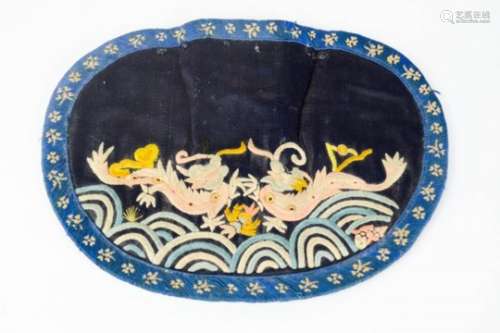 A 19th century Chinese purse, sanlan (three blues), embroidered with confronting dragons, 12 by