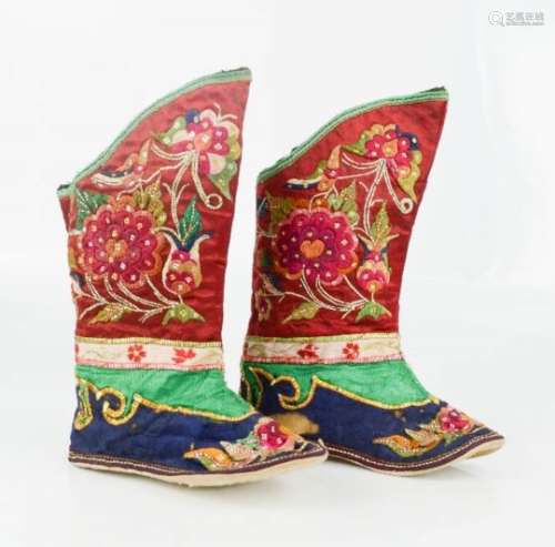 A pair of late 19th century boys celebratory boots, embroidered in satin stich and couching to