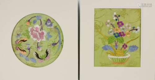 Two Chinese floss silk embroidered panels from a 1920s robe, one depicting peonies for wealth and