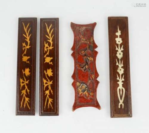 Four 19th century Chinese silk winders, including a pair, one carved with flowers and painted