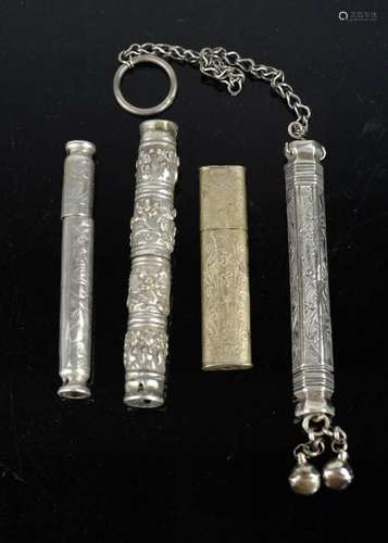 Four 19th century Chinese silver needle cases, including one with bell tassels and chain, . [p76