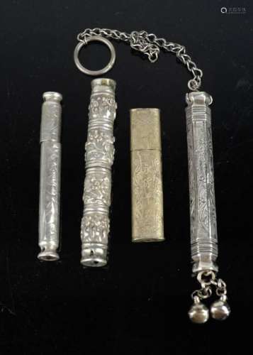 Four 19th century Chinese silver needle cases, including one with bell tassels and chain, . [p76