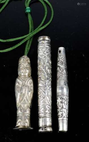 Three 19th century Chinese silver needle cases, including on in the form of a Chinese figure. [p76