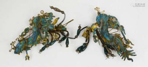 A pair of 19th Century Chinese Pheonix form hair ornaments, composed of gilt metal and kingfisher