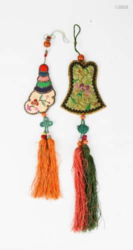 A Chinese silk needlework case, circa 1900, of bell form, with stone beads and tassels, together