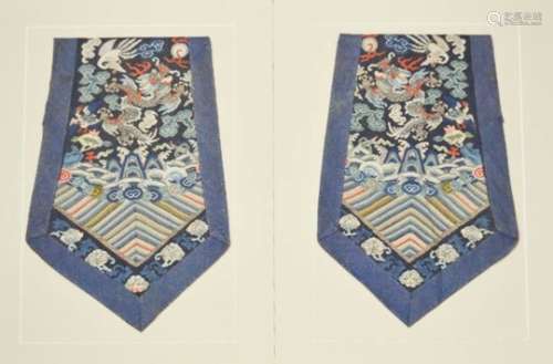 A pair of mid 19th Century Chinese hand woven sleeve panels. Kesi/Kossu weave, confronting dragons
