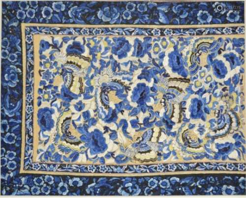 A 19th century Chinese embroidered skirt panel, San Lan; three blues. 36cms x 29cms