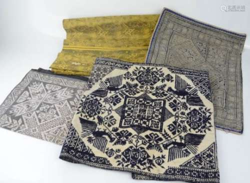 Assorted Cross stitch and painted panels, together with a mid 19th century Japanese obi meiji era (