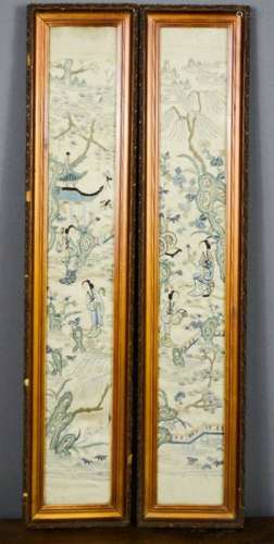 A pair of 19th century Chinese embroidered panels, depicting female figures within a garden, 56 by
