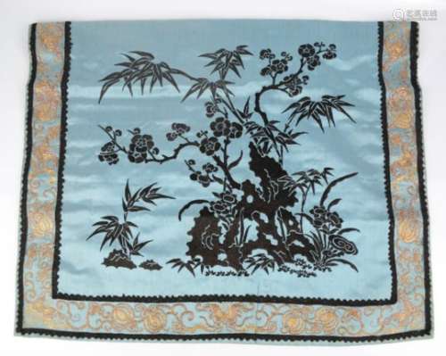 A 19th century Chinese hand embroidered panel, Tai locks plum blossom and a couched border, 37 by