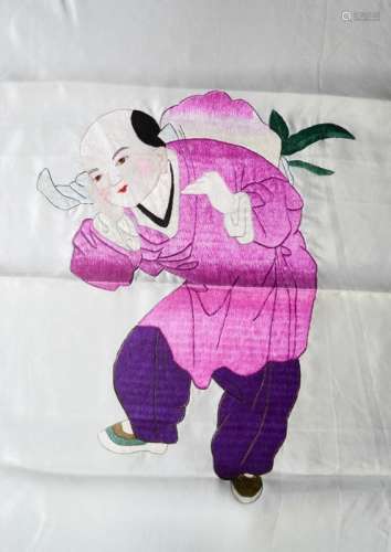 A 1920s silk Chinese embroidery depicting a man dressed in pink and purple attire, 70 by 50cm.