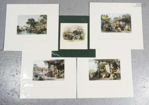 A group of four Thomas Allom (1804-72) hand tinted prints, depicting the stages of silk processing