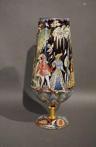 Vase en verre émaillé signé Royo. H : 40 cm