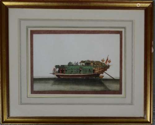 A Chinese gouache on pith paper, depicting a junk, 23 by 33cm.