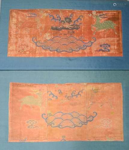 A pair of 18th century silk brocade panel, ex Tibet, depicting two deer representing longevity