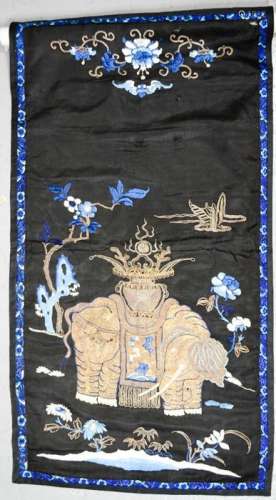 A late 19th century wall hanging, depicting an elephant, San Lan (three blues) embroidery and