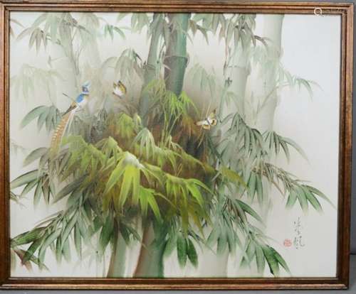 A 20th century Chinese school oil on canvas depicting butterflies and birds in a bamboo tree,