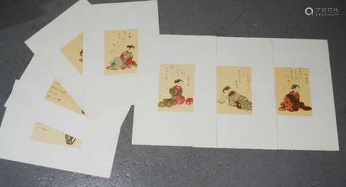 Nine Chinese woodblock prints, coloured, depicting women in various poses.