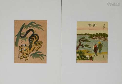 A Chinese woodblock print depicting fisherfolk alongside a mirror, and one depicting a tiger.