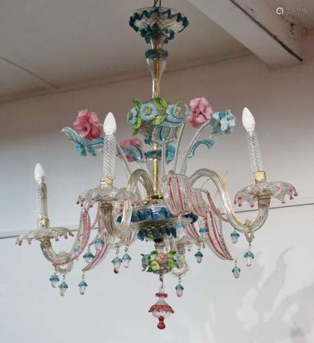 Lustre en verre de Venise polychrome. Manques. H :…