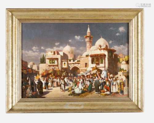 Orientalist around 1900, street market scene, oil on canvas, signed bottom right “Fritz Lehner”,