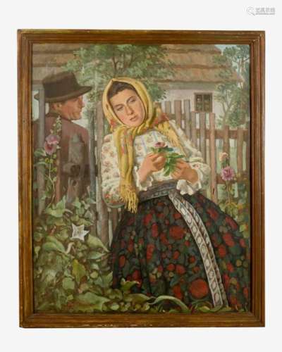 Leo Delitz ( 1882 – 1966), couple in garden, oil on board, signed bottom left and dated 1935,