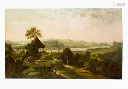 Rhine Landscape, large view of the Rhine, possibly Remagen with people, oil on canvas, 19th